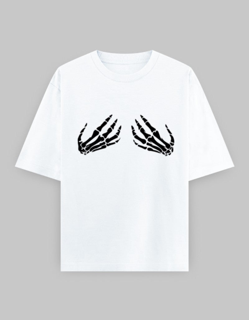 White oversized skeleton hand t-shirt by RIZZ UP with black skeleton hands graphic on chest