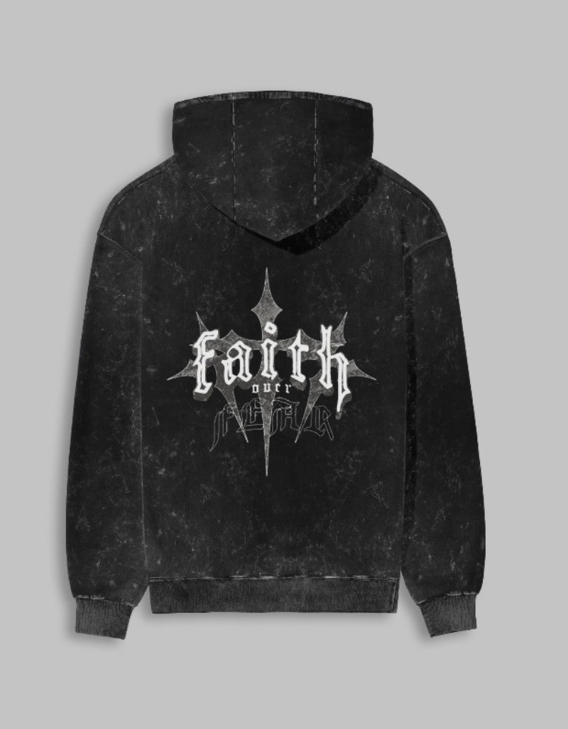 RIZZ UP acid washed faith hoodie in black with bold graphic design and adjustable drawstring hood
