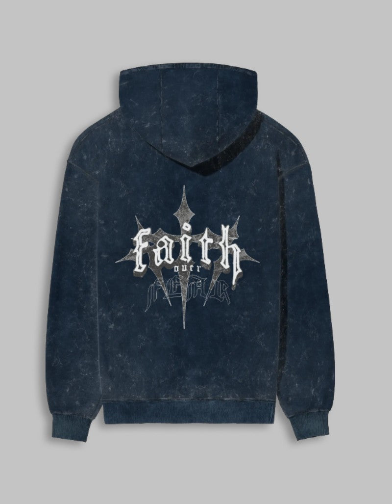 Back view of RIZZ UP acid washed faith hoodie in dark navy with relaxed fit and soft fabric