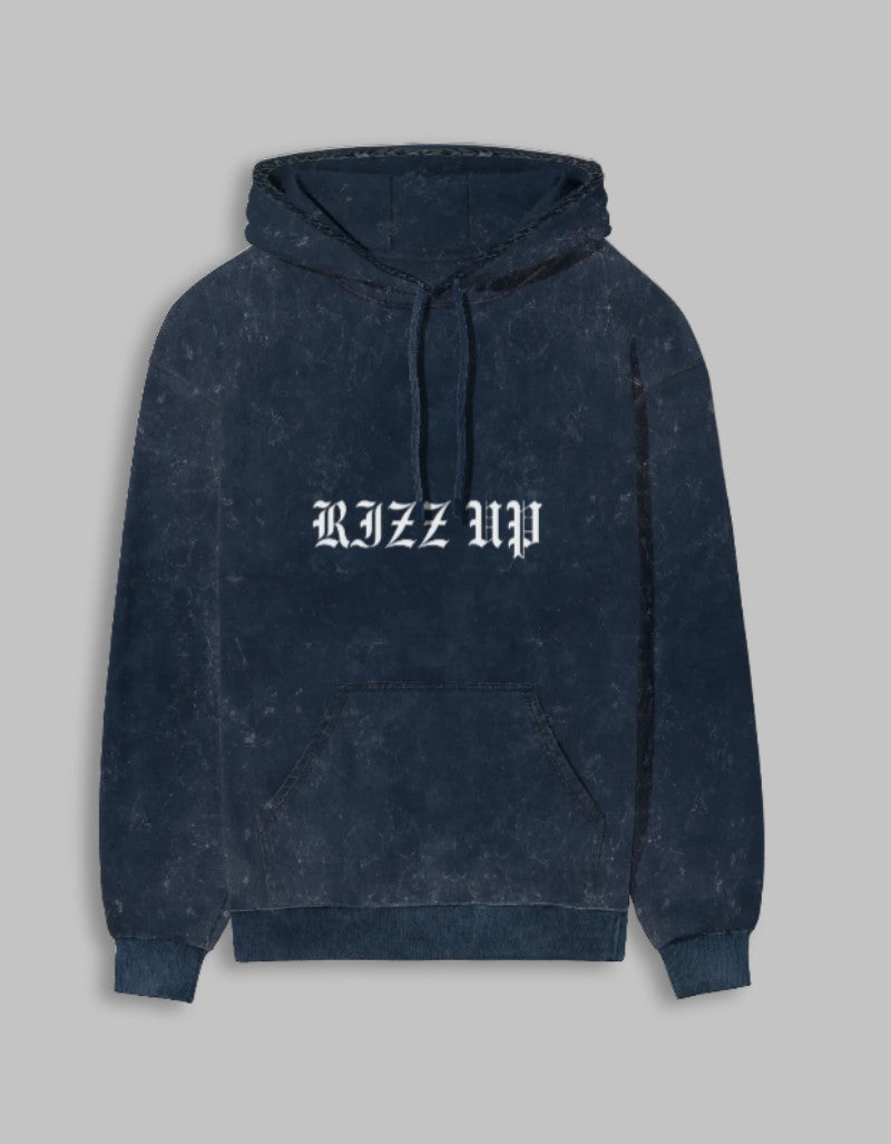 RIZZ UP acid washed faith hoodie in navy blue with a relaxed fit for casual comfort