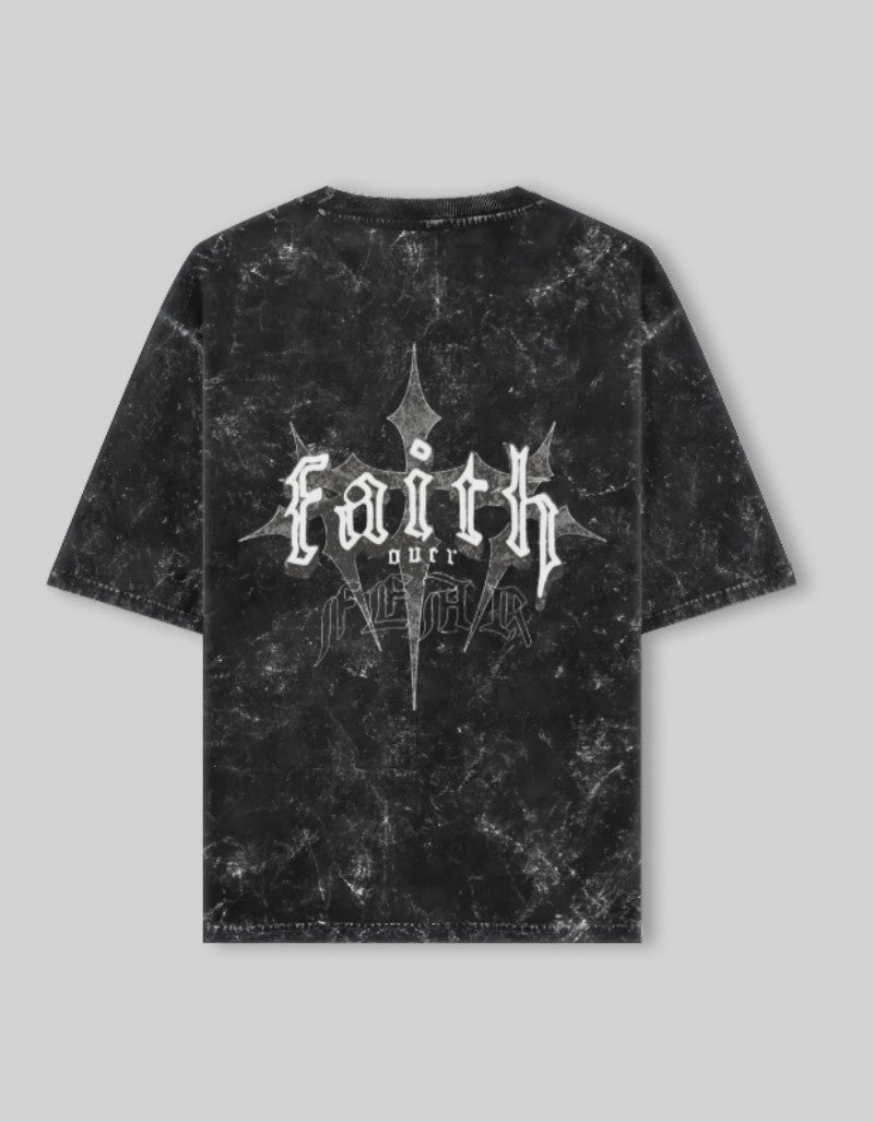 RIZZ UP acid washed oversized tee in black with bold graphic text design on back