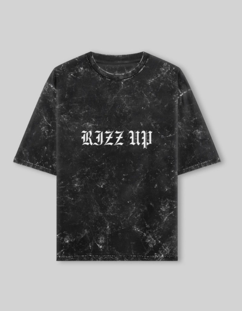 RIZZ UP Acid Washed Oversized Tee in Black with Unique Marble Effect Design