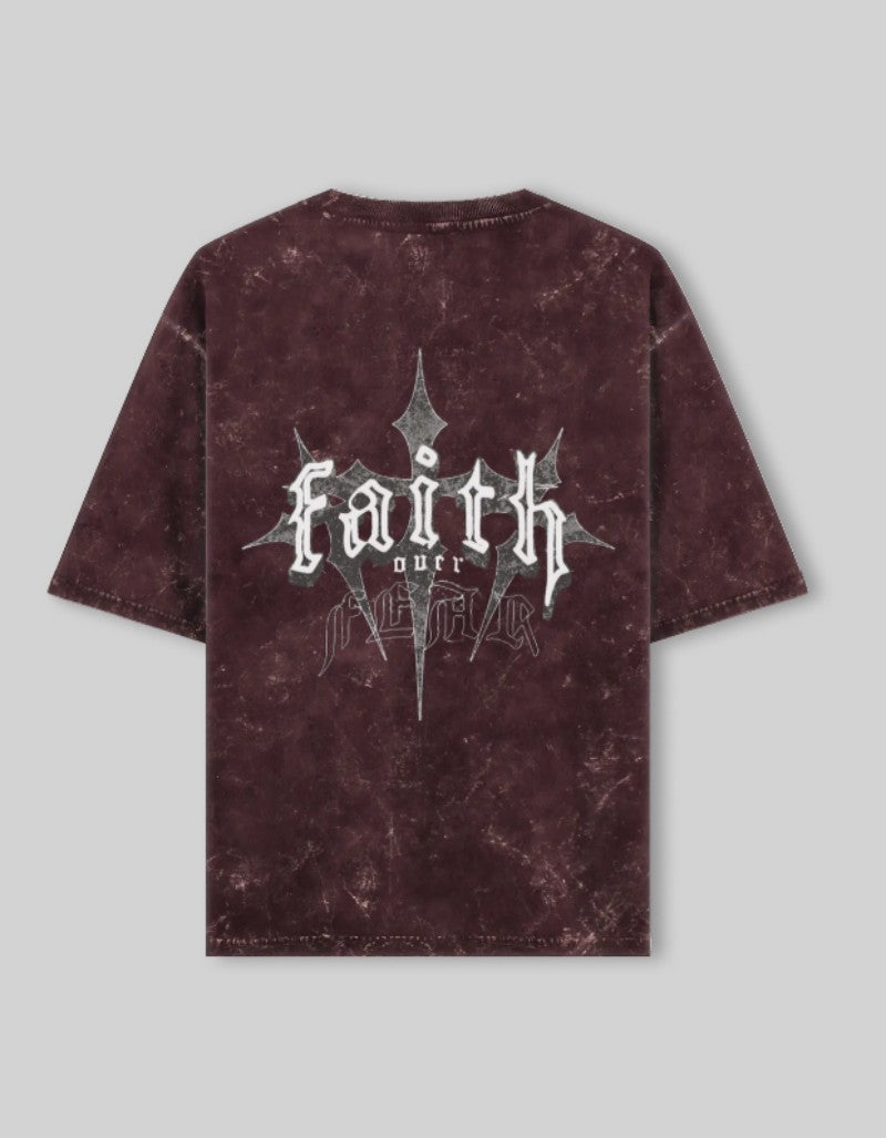 RIZZ UP acid washed oversized tee in burgundy with bold graphic design on the back