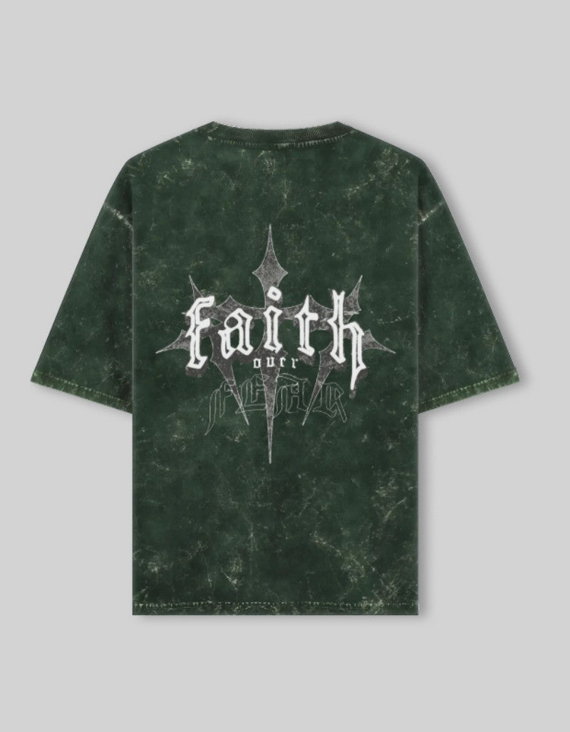 RIZZ UP acid washed oversized tee in dark green featuring a stylish graphic print on the back