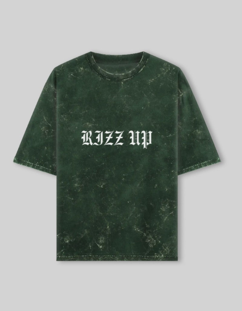 RIZZ UP acid washed oversized tee in dark green with a stylish graphic print