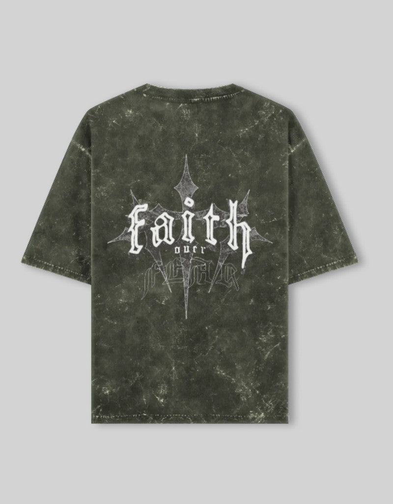RIZZ UP acid washed oversized tee in dark green with bold faith graphic on the back