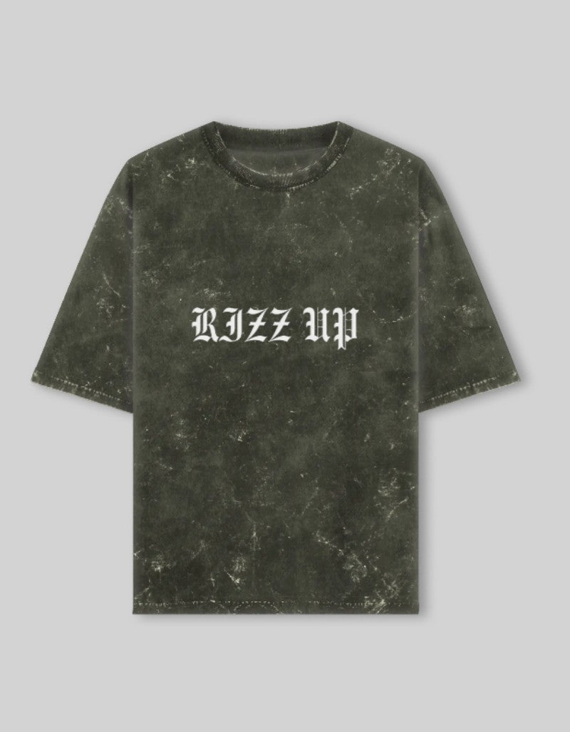 RIZZ UP acid washed oversized tee in dark green featuring bold white logo print
