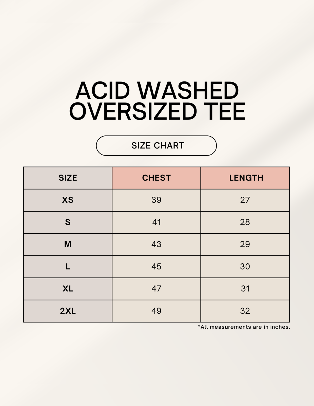 Size chart for RIZZ UP acid washed oversized tee showing dimensions for various sizes