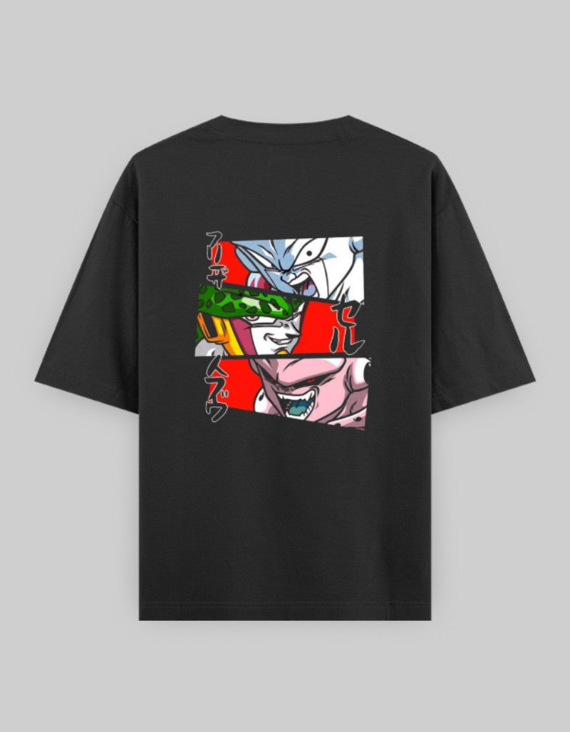Black RIZZ UP anime oversized t-shirt featuring colorful graphic design on the back