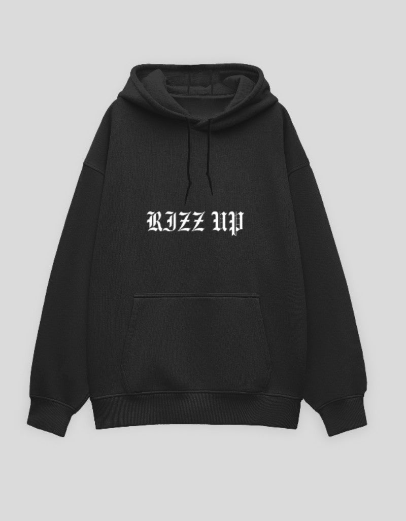 RIZZ UP Black Hooded Sweatshirt Featuring a Unique Doomed Graphic Hoodie Design