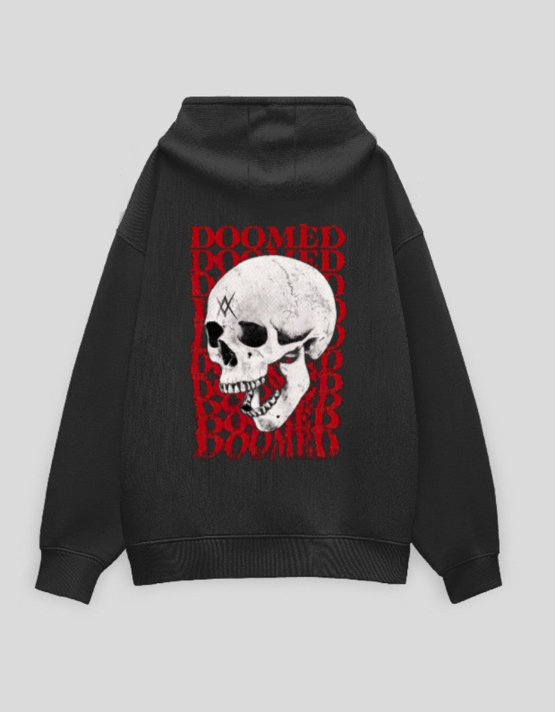 RIZZ UP Doomed Graphic Hoodie featuring a skull design on a black background