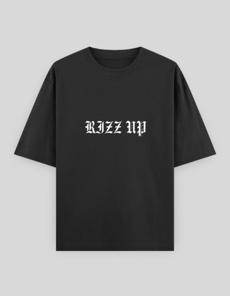 RIZZ UP black doomed graphic tee with bold white lettering for casual streetwear style