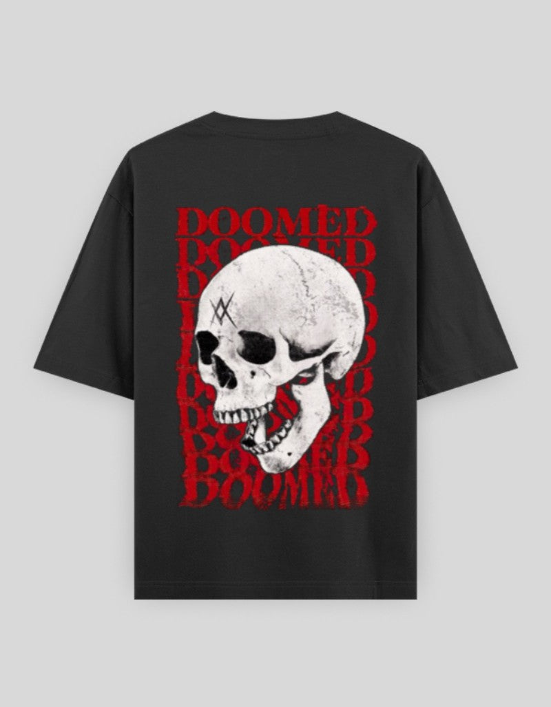 RIZZ UP Doomed graphic tee featuring a skull design and bold red text on a black background