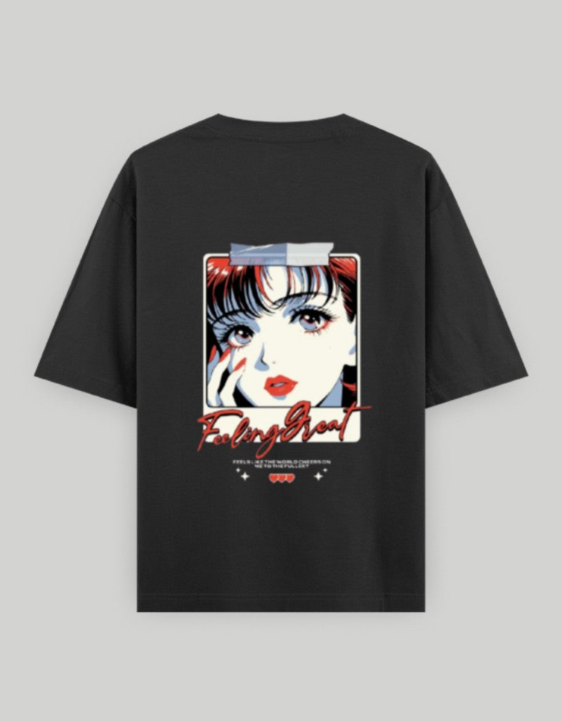 Black graphic tee featuring a retro design with 'Feeling Great' text and stylish illustration