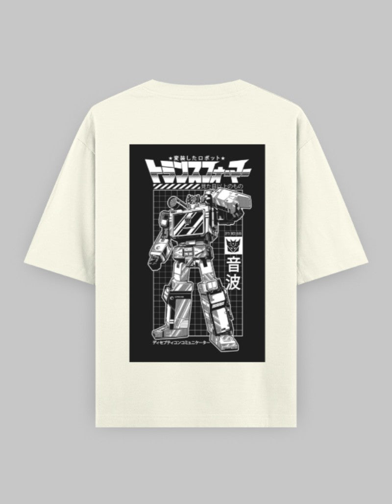 Cream RIZZ UP Gen Z robot t-shirt with colorful WTF graphic print on the back