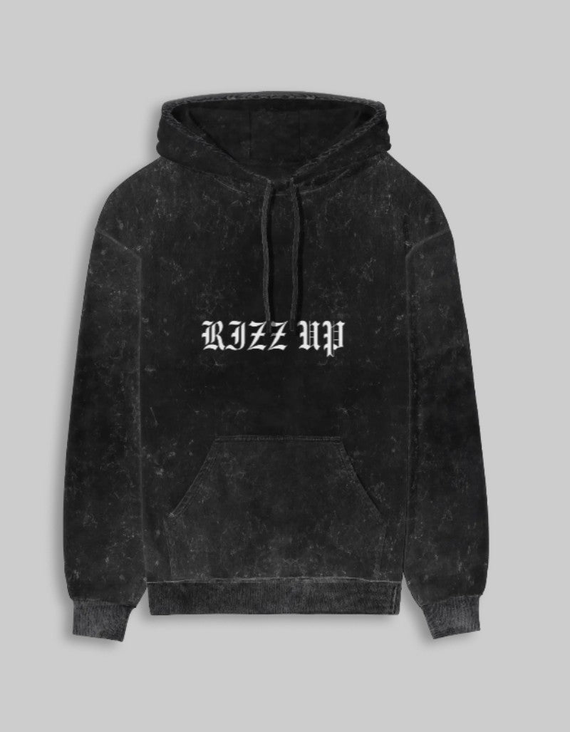 RIZZ UP Gothic acid washed hoodie in black with a front pocket and drawstring closure