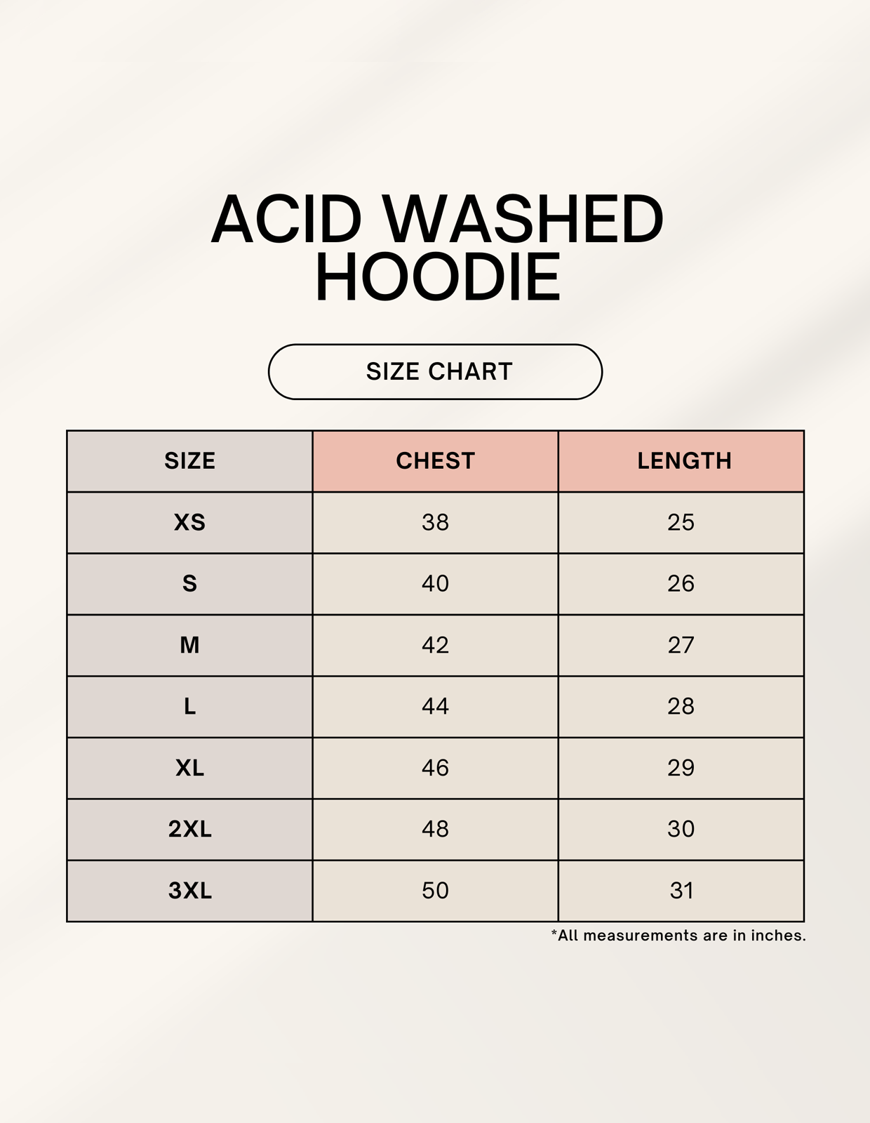 Size chart for RIZZ UP Gothic acid washed hoodie with measurements for XS to 3XL