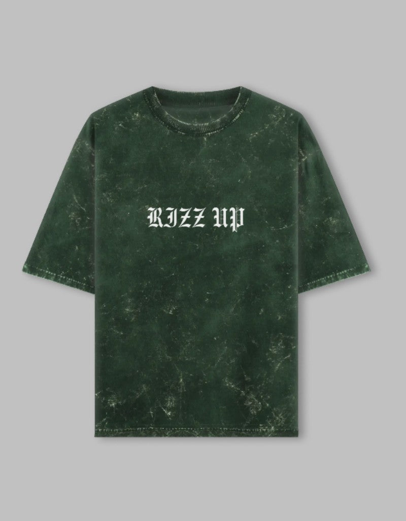 RIZZ UP Gothic acid washed tee in green featuring a stylish distressed finish