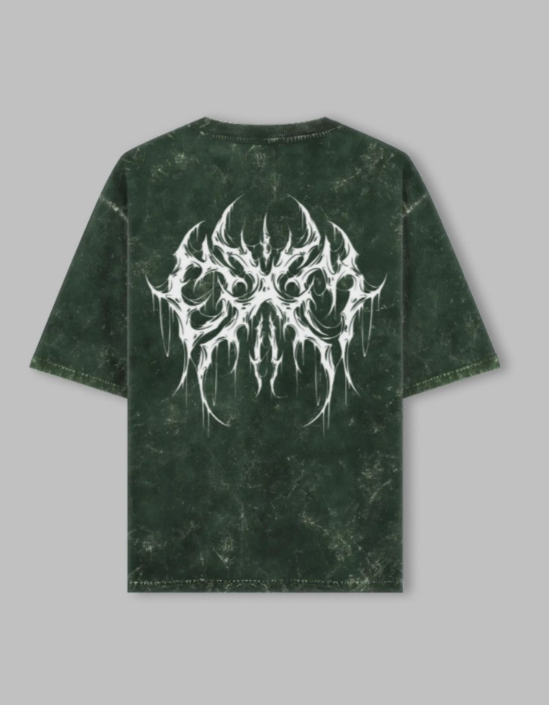 RIZZ UP Gothic acid washed tee featuring a unique graphic design on a dark green fabric