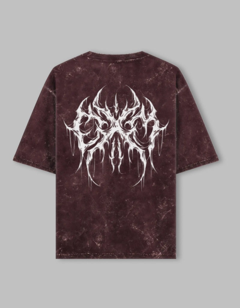 RIZZ UP Gothic acid washed tee in dark maroon with intricate graphic design on the back
