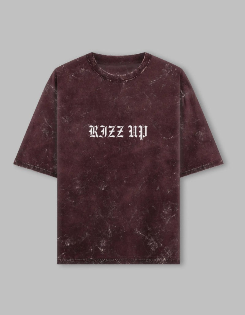 RIZZ UP Gothic acid washed tee in dark maroon with distressed style and graphic design