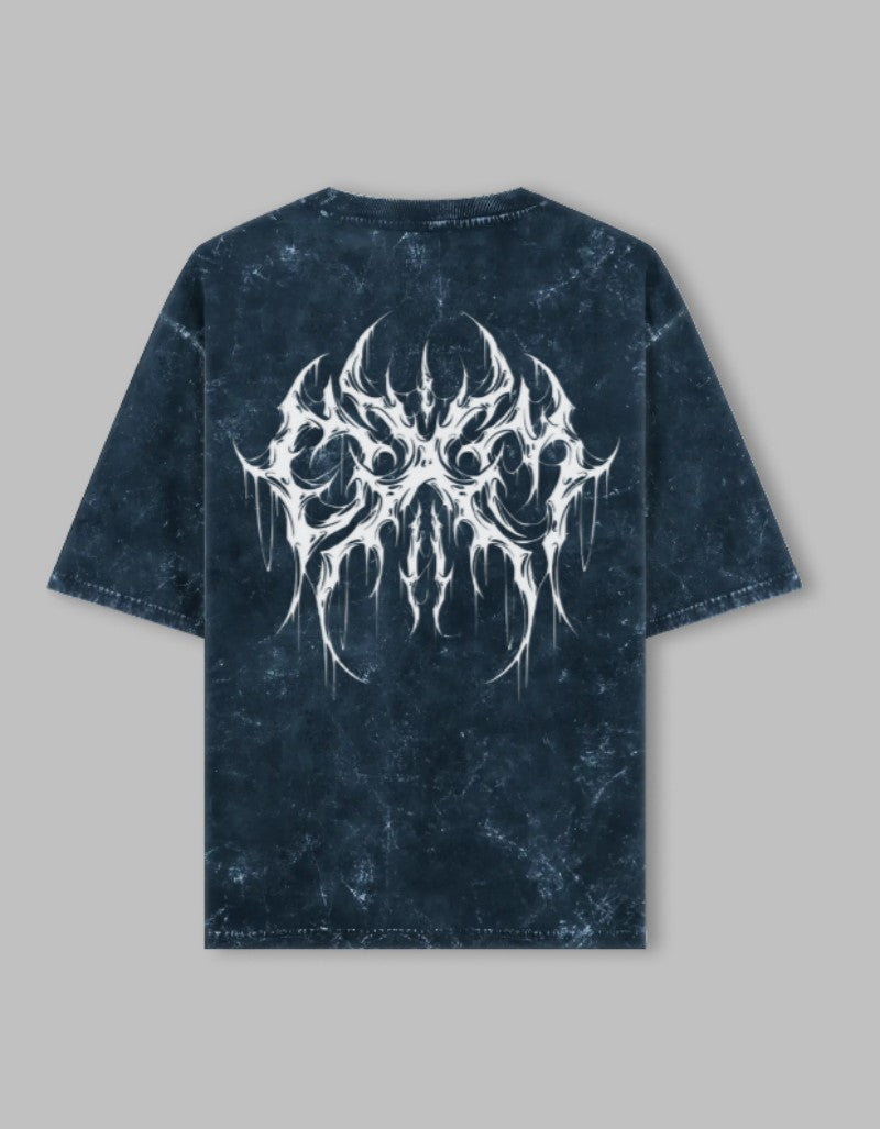 RIZZ UP Gothic acid washed tee in navy with unique graphic design on the back