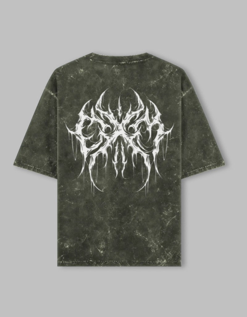 RIZZ UP Gothic acid washed tee in dark green with unique graphic design on the back