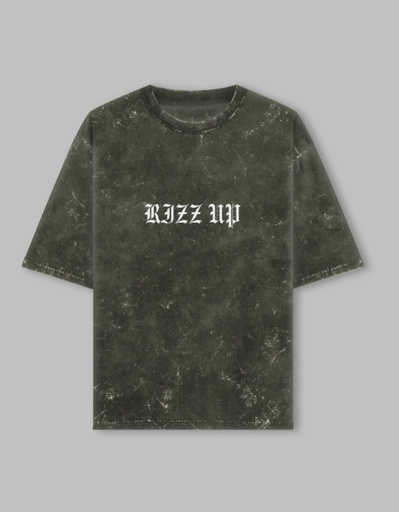 RIZZ UP Gothic acid washed tee in dark green with a vintage distressed look