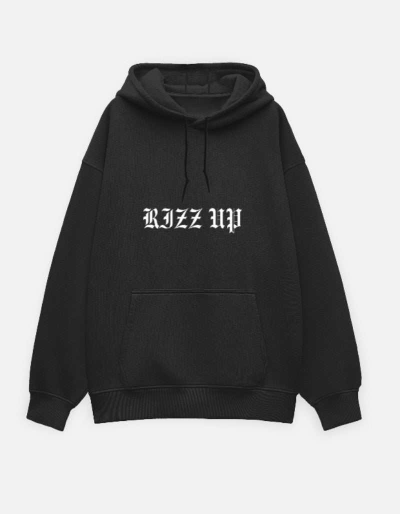RIZZ UP Gothic oversized hoodie in black with bold logo and front pocket for a stylish look