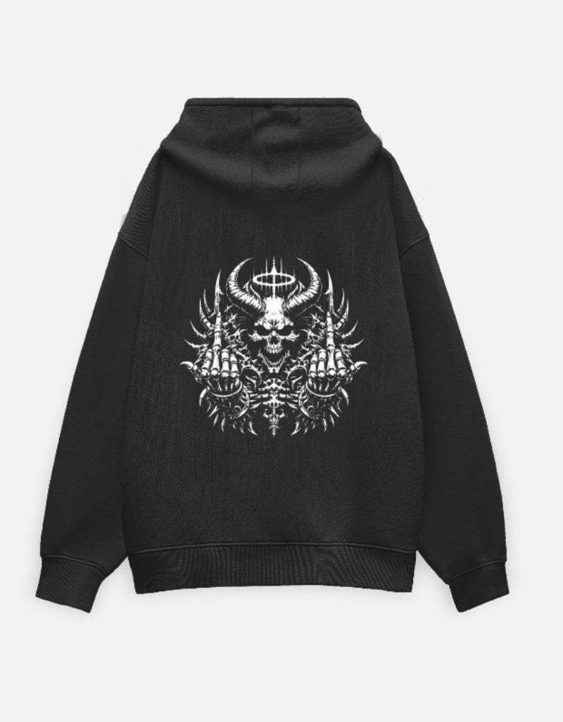 RIZZ UP Gothic oversized hoodie in black featuring bold skull and horn graphic on the back