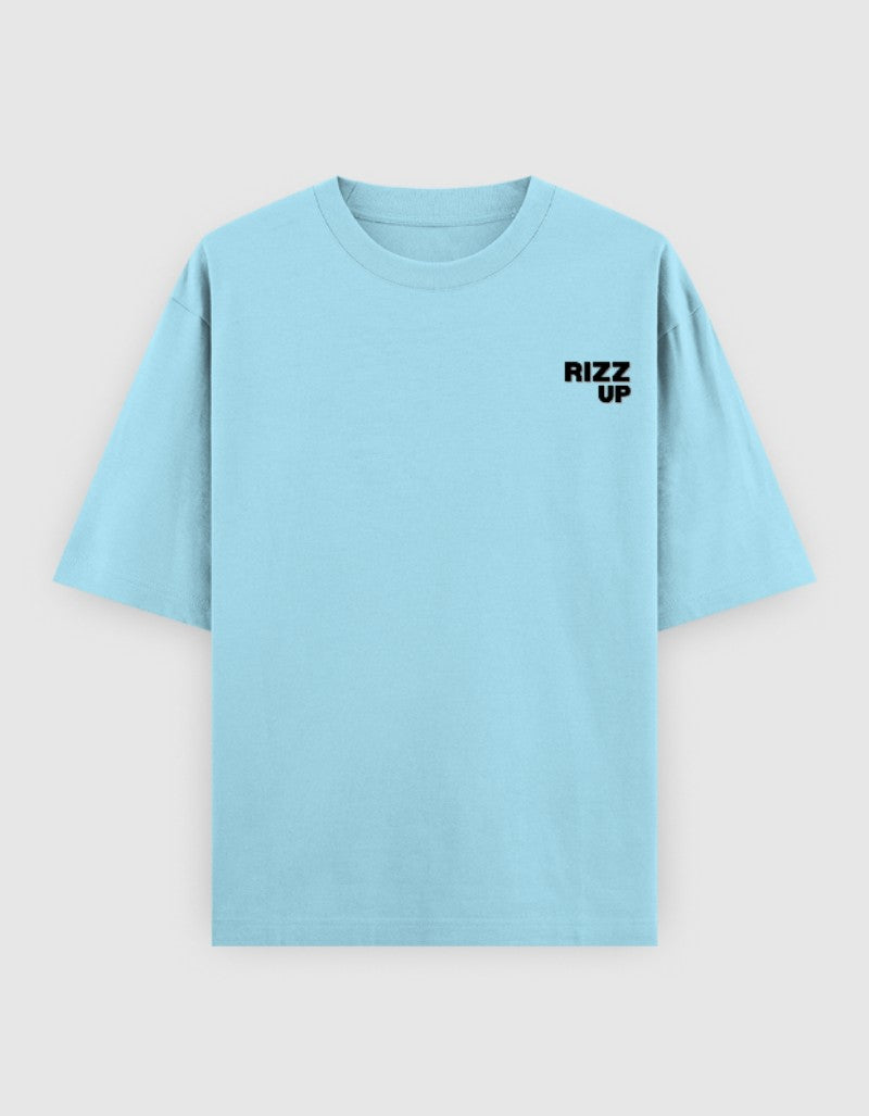 Light blue RIZZ UP t-shirt featuring a minimalist design for Gen Z clothing enthusiasts