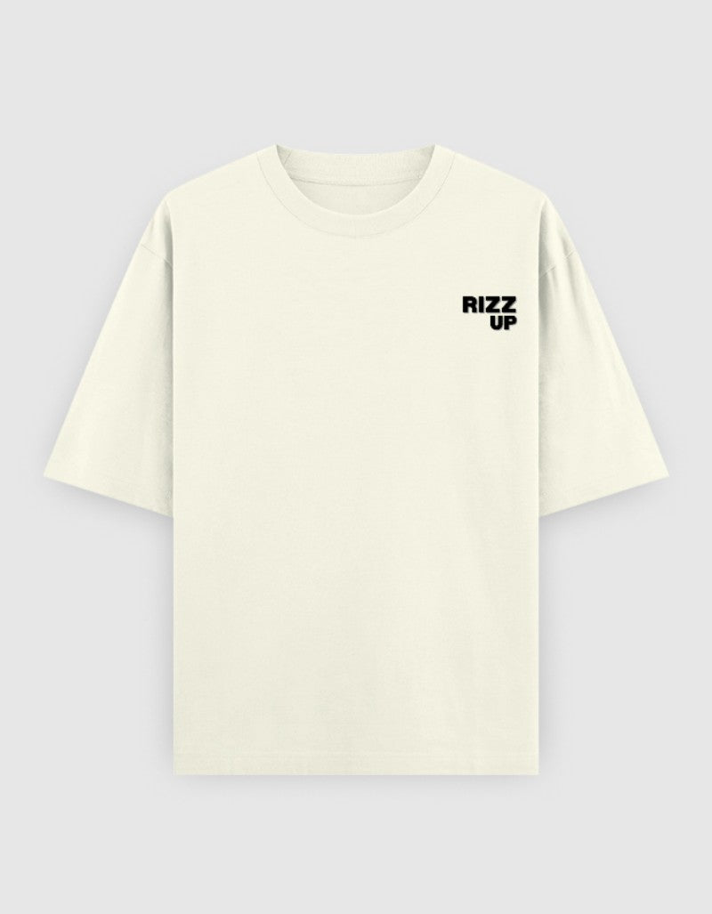 RIZZ UP Cream T-Shirt featuring a minimalist design for Gen Z clothing lovers