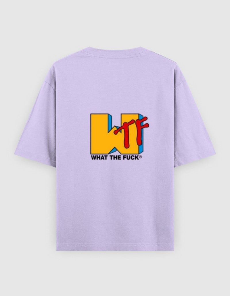 Lavender oversized t-shirt with colorful WTF graphic, perfect for minimalist Gen Z clothing style
