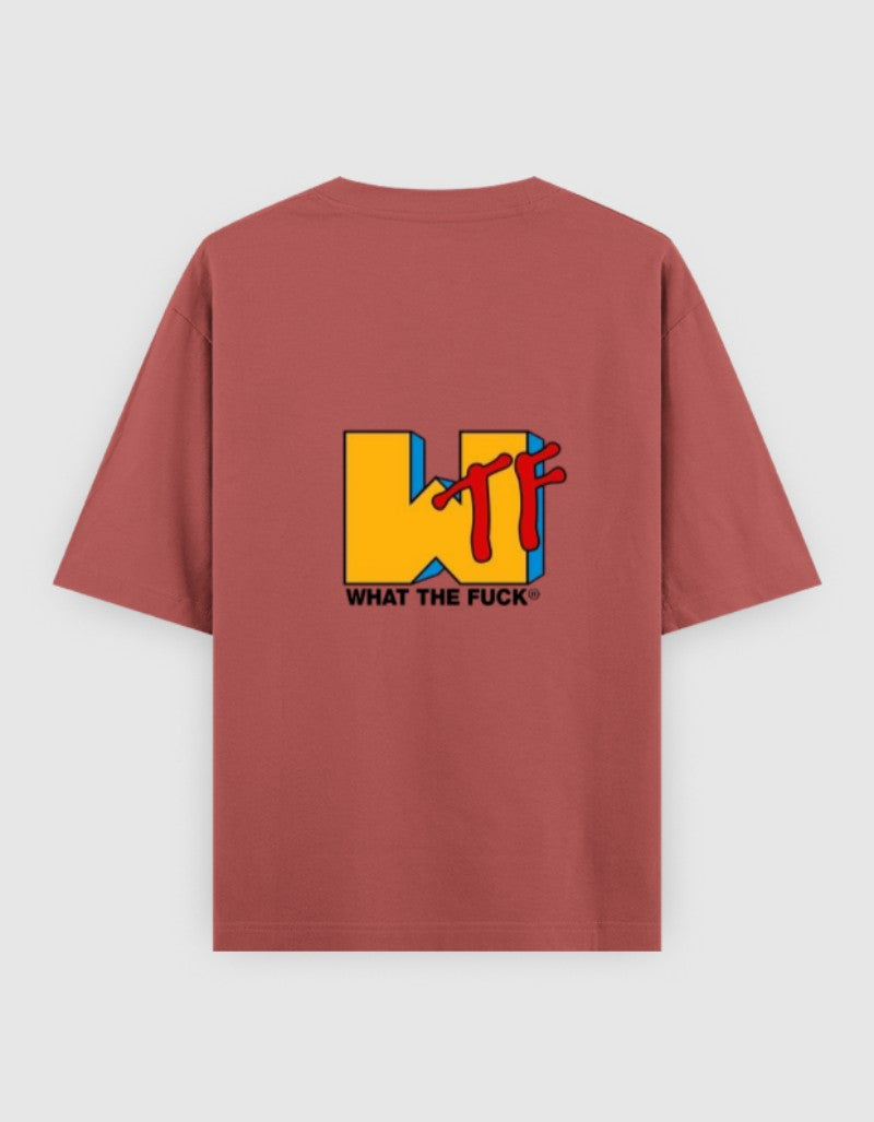 RIZZ UP minimalist Gen Z clothing featuring a graphic WT logo on a maroon oversized t-shirt