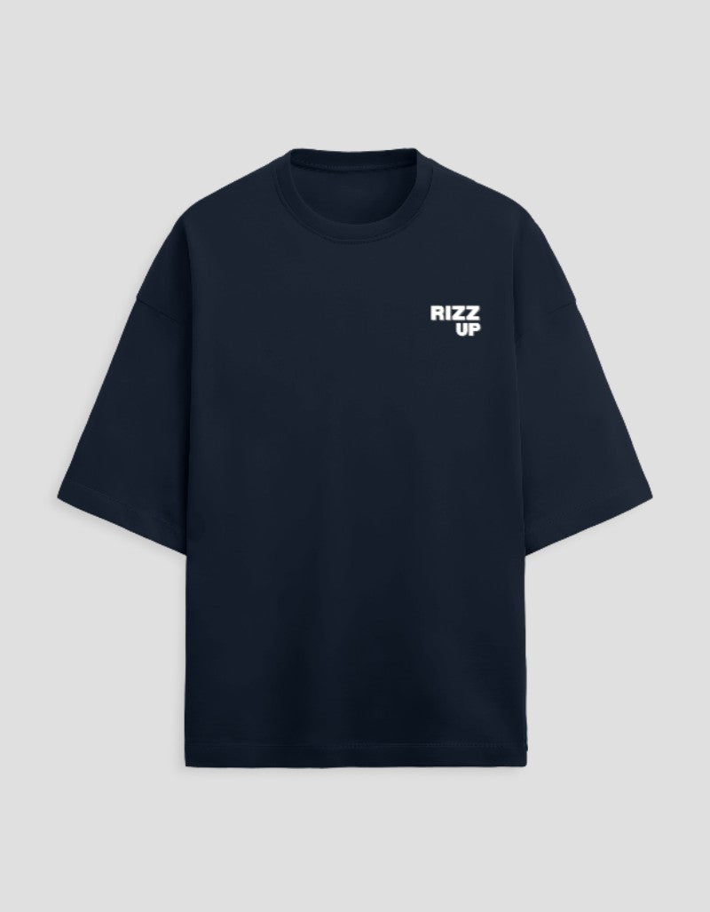 RIZZ UP oversized navy blue t-shirt representing minimalist Gen Z clothing with a stylish and modern design