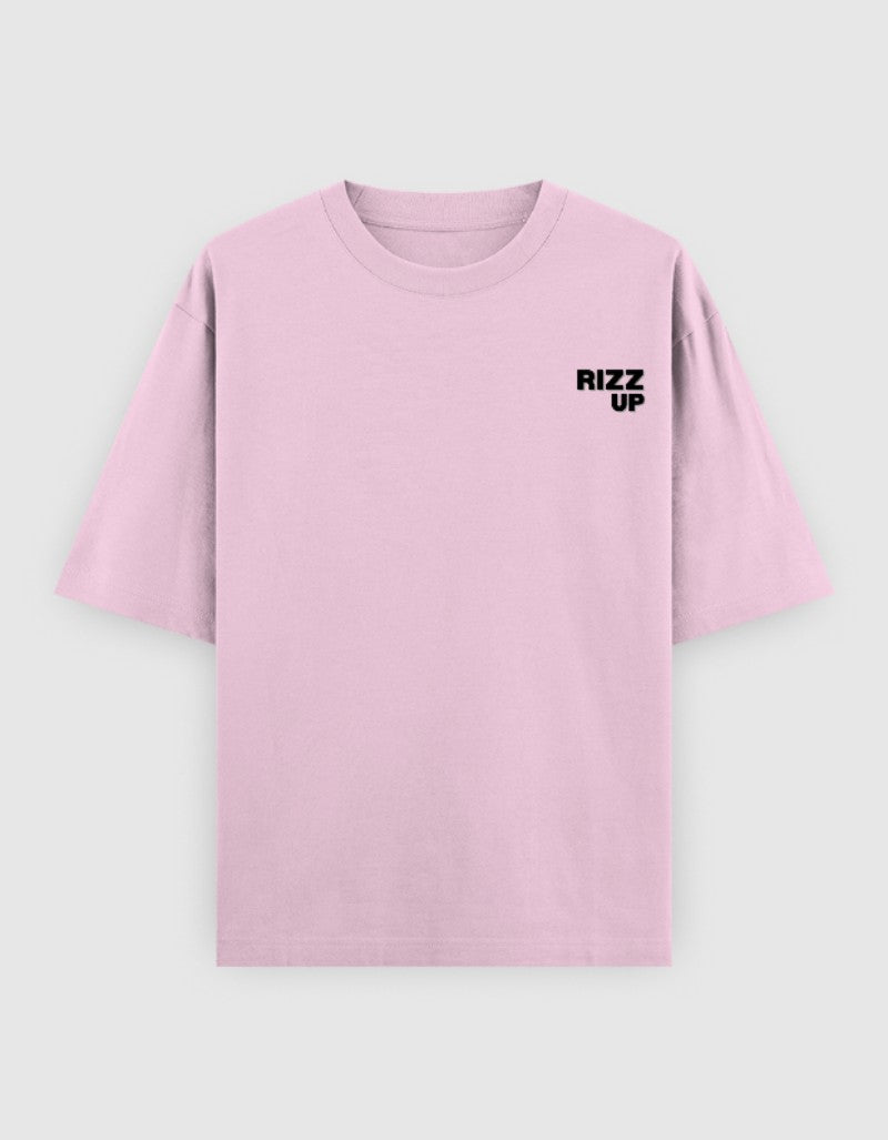 Light pink RIZZ UP oversized t-shirt featuring a minimalist design for Gen Z clothing