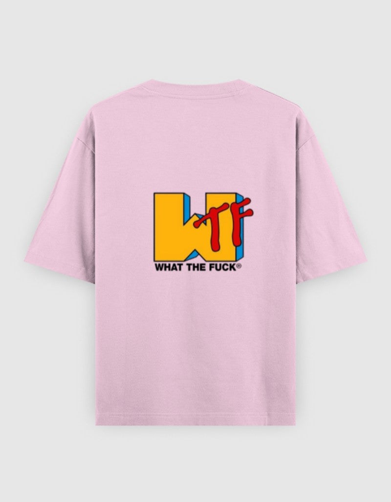 RIZZ UP Pink T-Shirt featuring bold 'WTF' graphic, perfect for minimalist Gen Z clothing style