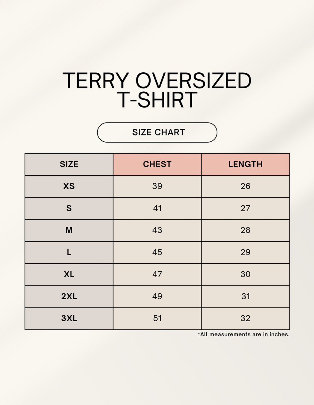 Size chart for RIZZ UP terry oversized t-shirt, ideal for minimalist Gen Z clothing style
