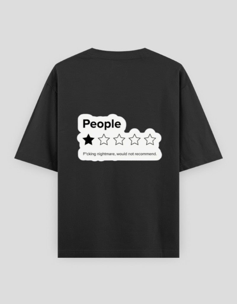 RIZZ UP minimalist graphic tee in black with unique review design on the back