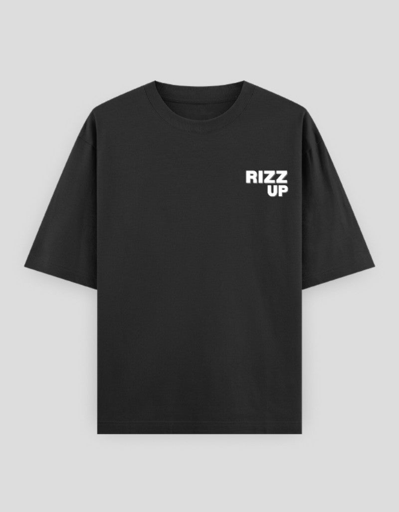 Black RIZZ UP minimalist graphic tee with a sleek design and comfortable fit