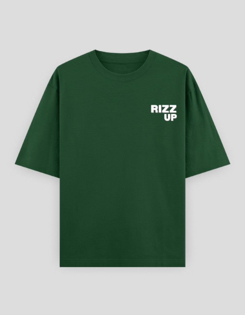 RIZZ UP minimalist graphic tee in dark green with a simple logo for casual wear