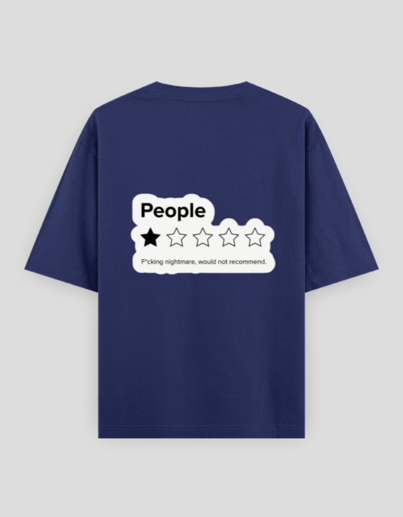 RIZZ UP minimalist graphic tee in navy featuring a humorous review print on the back