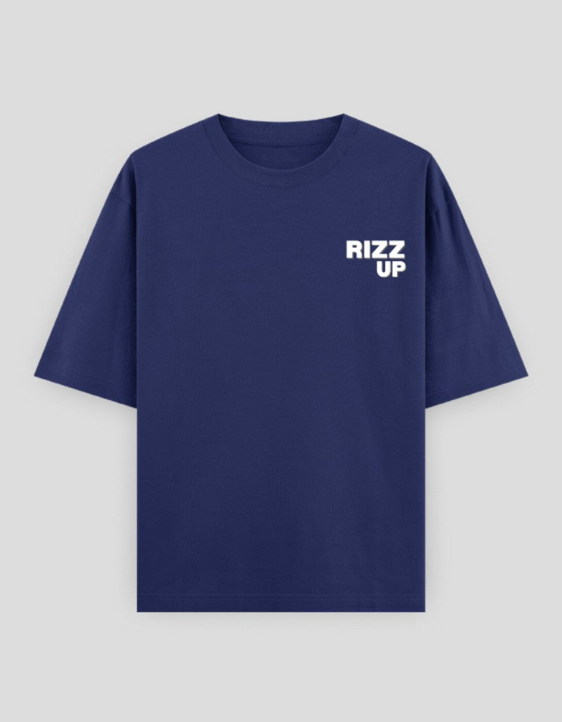 RIZZ UP Navy Minimalist Graphic Tee with Bold White Logo on the Chest