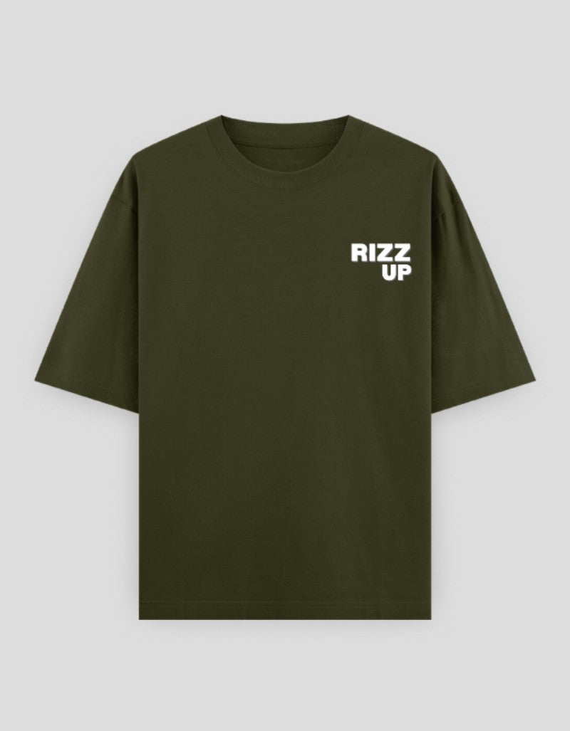 RIZZ UP Minimalist Graphic Tee in Olive Green with a Slightly Oversized Fit