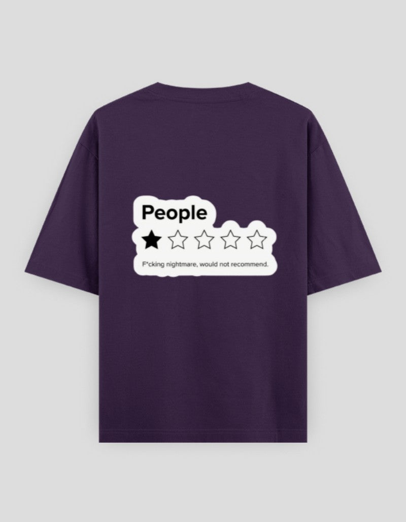 RIZZ UP minimalist graphic tee in purple featuring a humorous five-star review design