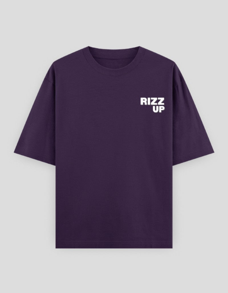 RIZZ UP minimalist graphic tee in purple featuring a stylish logo on the chest