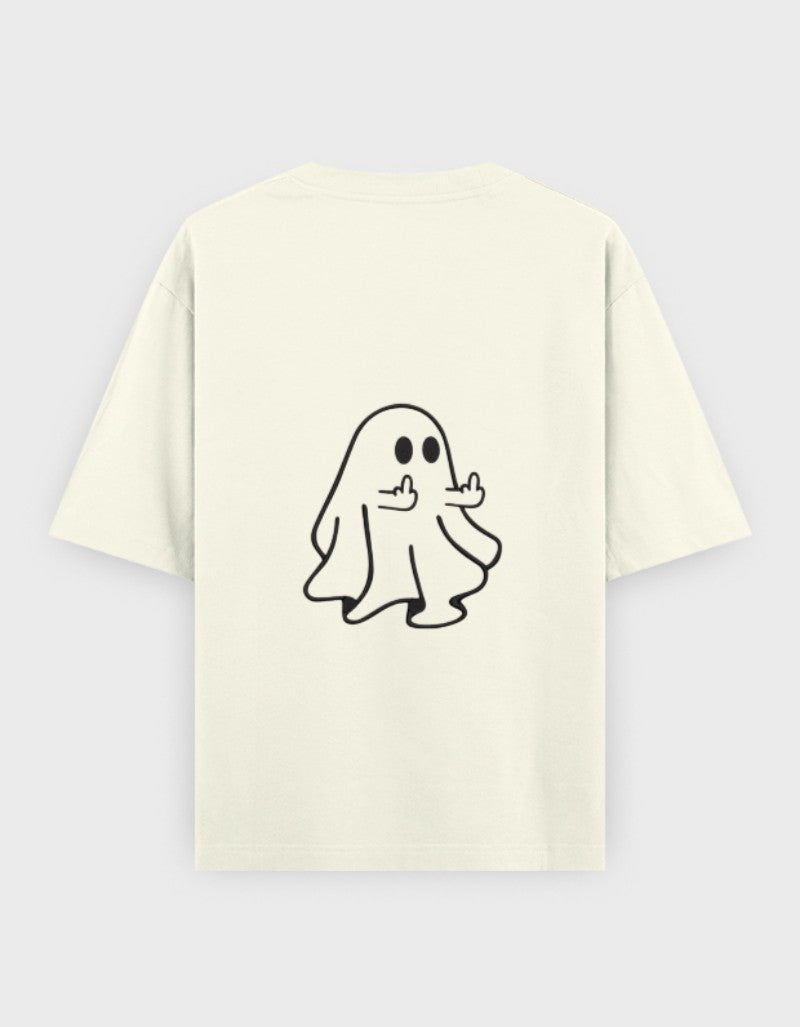 RIZZ UP minimalist oversized tee in cream with playful ghost graphic on the back