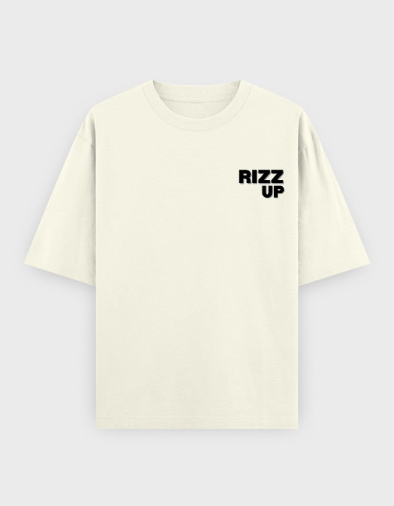 RIZZ UP minimalist oversized tee in cream color with logo print on the chest