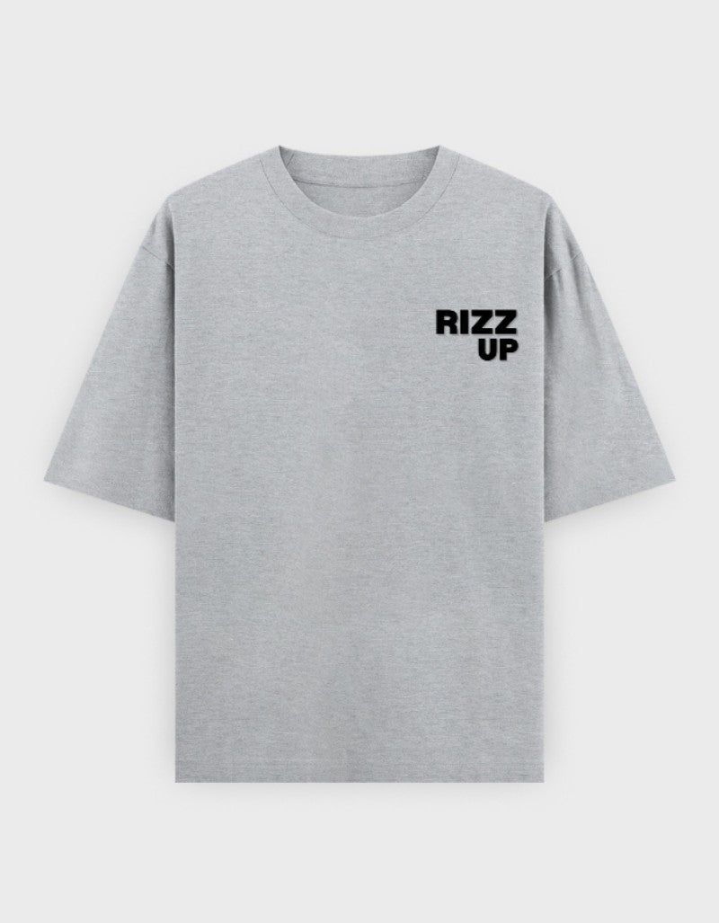 RIZZ UP Minimalist Oversized Tee in Light Gray with Graphic Design on Front