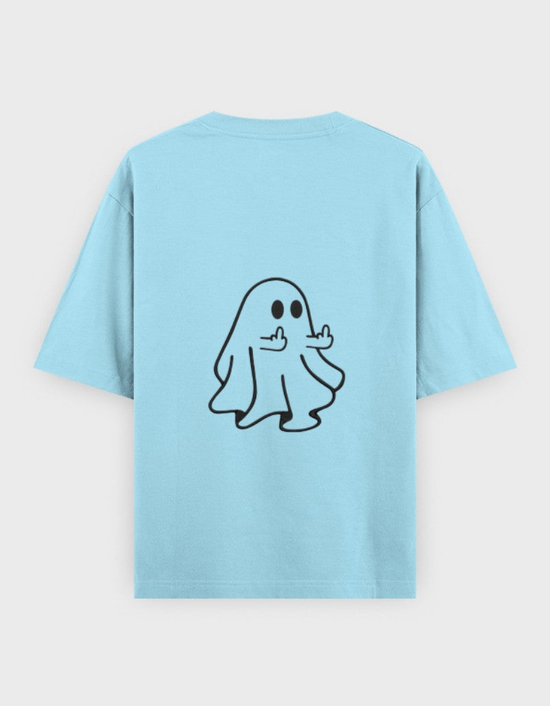 RIZZ UP Minimalist Oversized Tee in Light Blue with Unique Ghost Design on Back